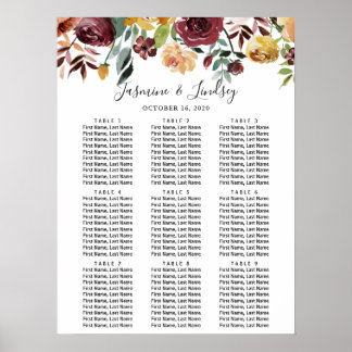 Burgundy Floral 9 Tische Hochzeitstabelle Poster