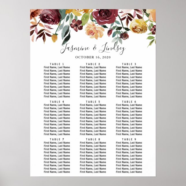 Burgundy Floral 9 Tische Hochzeitstabelle Poster (Vorne)