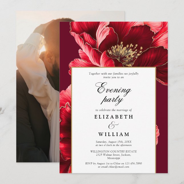 Burgundy Floral Abend Party Wedding Foto Einladung (Vorne/Hinten)