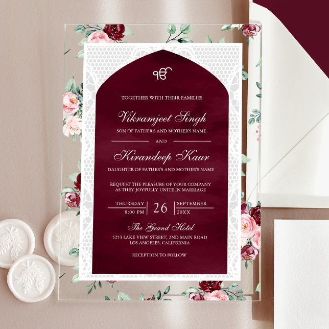 Burgundy Floral Anand Karaj Punjabi Sikh Wedding Acryleinladungen (Von Creator hochgeladen)