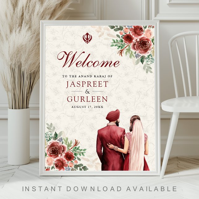 Burgundy Floral Anand Karaj Wedding Welcome Sign Poster (Von Creator hochgeladen)