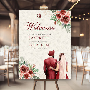 Burgundy Floral Anand Karaj Wedding Welcome Sign Poster