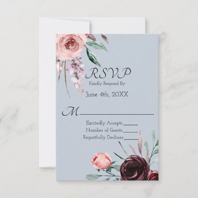 Burgundy Floral and Dusty Blue Wedding RSVP (Vorderseite)