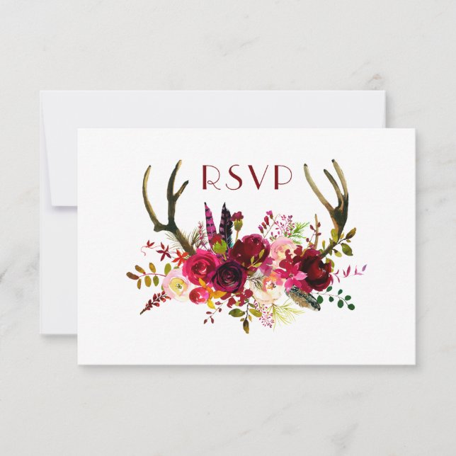 Burgundy Floral Antlers | Buffet + Gäste RSVP Karte (Vorderseite)
