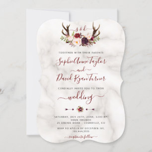 Burgundy Floral Antlers Calligraphy Marble Wedding Einladung