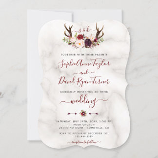 Burgundy Floral Antlers Calligraphy Marble Wedding Einladung