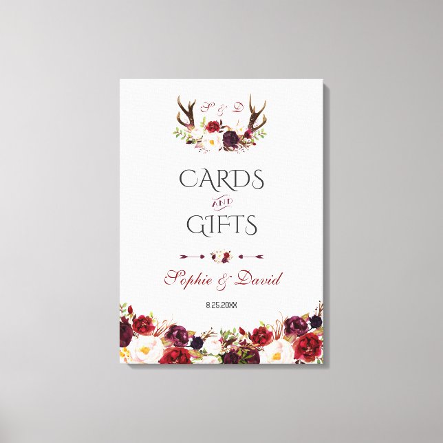 Burgundy Floral Antlers Cards & Gifts Wedding Leinwanddruck (Vorderseite)