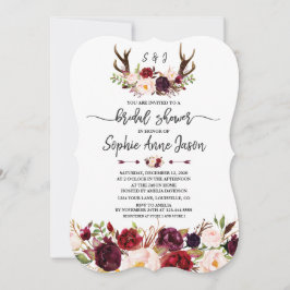 Burgundy Floral Antlers Handwriting Bridal Shower Einladung