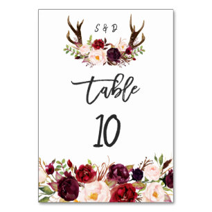 Burgundy Floral Antlers Handwriting-Tischnummer Tischnummer