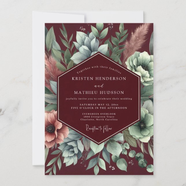 Burgundy Floral Assemblage Wedding Einladung (Vorderseite)