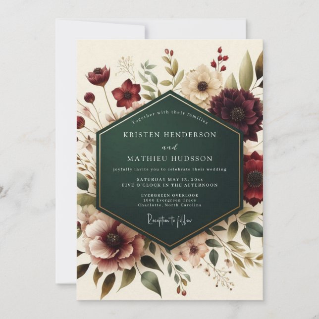 Burgundy Floral Autumn Romance Wedding Einladung (Vorderseite)