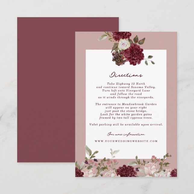 Burgundy Floral Autumn Wedding Directions Card Begleitkarte (Vorne/Hinten)