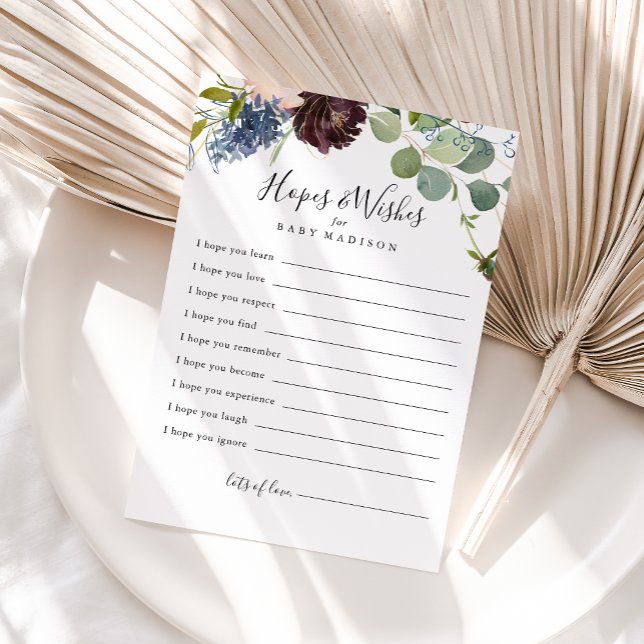 Burgundy Floral Baby Shower Hopwers & Wish Card Postkarte (Von Creator hochgeladen)