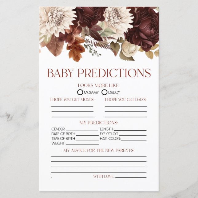 Burgundy Floral Baby Shower Predictions Spiel (Vorderseite)