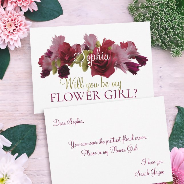 Burgundy Floral Be my Flower Girl Bridesmaid Einladung (Will you be my Flower Girl card with space for your Flower Girl proposal message)
