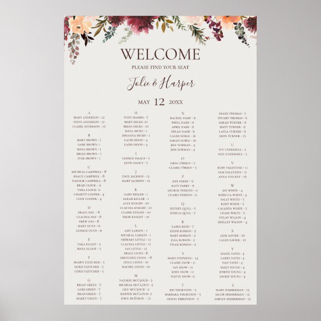 Burgundy Floral | Beige alphabetische Sitztabelle Poster (Vorne)