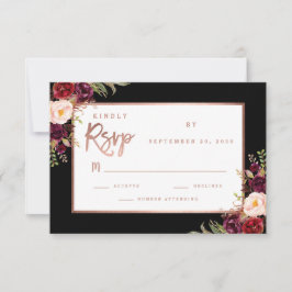 Burgundy Floral Black Rose Gold Moody Wedding RSVP Karte