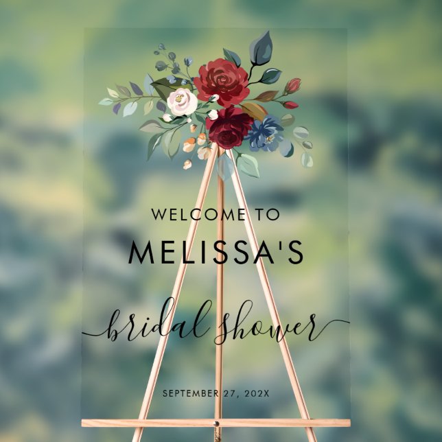 Burgundy Floral Bloom Script Brautparty Acrylschild (Neutral)