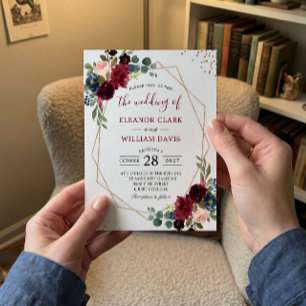 Burgundy Floral Blue Gold Modern Geometric Wedding Einladung