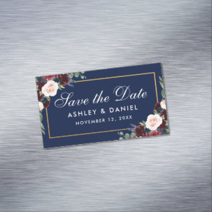 Burgundy Floral Blue Save the Date Mini Magnet