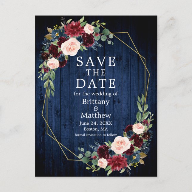 Burgundy Floral Blue Wood Geo Frame Save the Date Postkarte (Vorderseite)