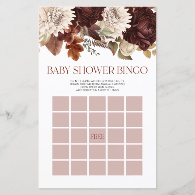 Burgundy Floral Blume Bingo Baby Showspiel (Vorderseite)