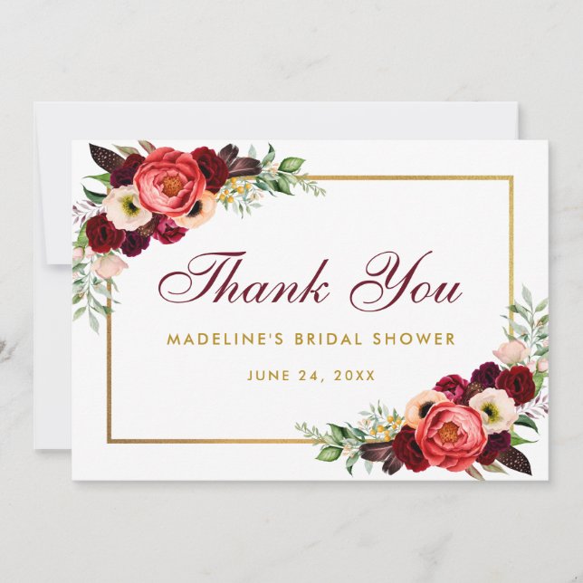 Burgundy Floral Boho Brautparty Danke Card B Save The Date (Vorderseite)