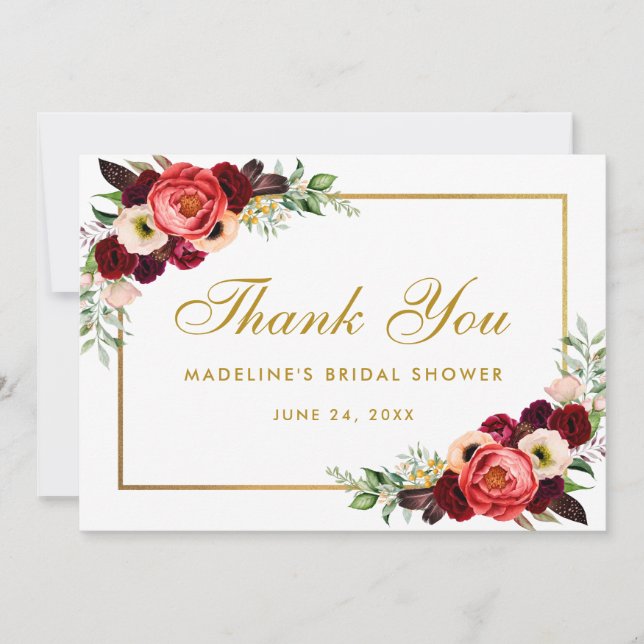 Burgundy Floral Boho Brautparty Danke Card GB Save The Date (Vorderseite)