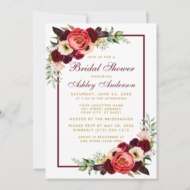 Burgundy Floral Boho Brautparty Gold Invite B Einladung (Vorderseite)