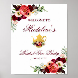 Burgundy Floral Boho Bridal Tee Party Willkommen Poster