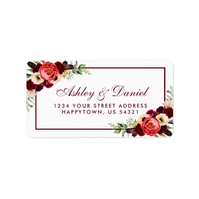 Burgundy Floral Boho Wedding-Adresse Adressaufkleber (Vorne)