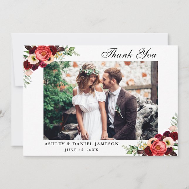 Burgundy Floral Boho Wedding Foto Dankeskarte (Vorderseite)