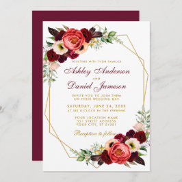 Burgundy Floral Boho Wedding Gold Frame B Einladung