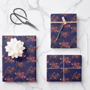 Burgundy Floral Bouquet auf Navy Blue Geschenkpapier Set