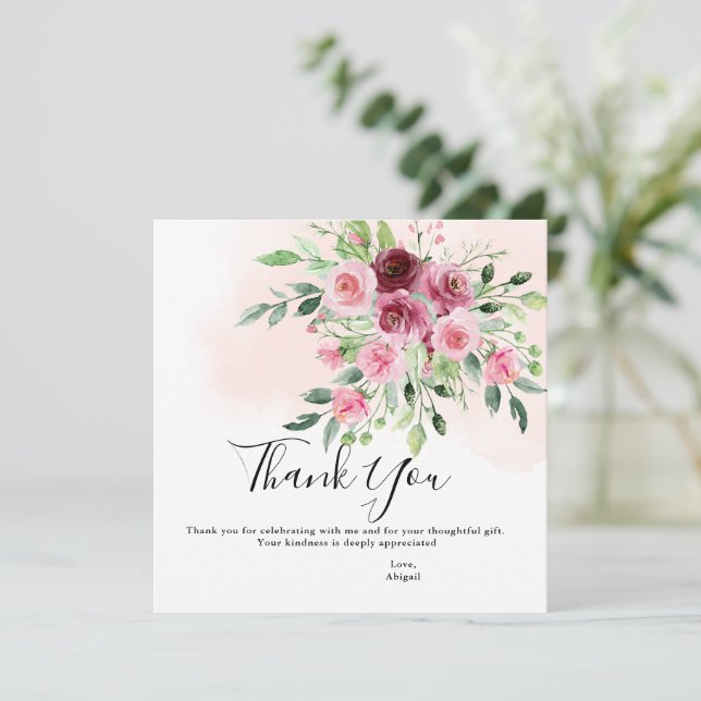 Burgundy Floral Brautparty Dankeskarte (Stehend Vorderseite)