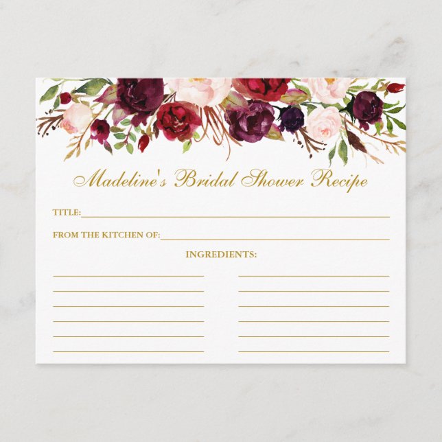 Burgundy Floral Brautparty Gold Rezept Card Hinweiskarte (Vorderseite)