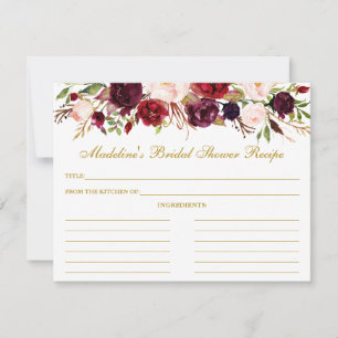 Burgundy Floral Brautparty Gold Rezept Card Hinweiskarte