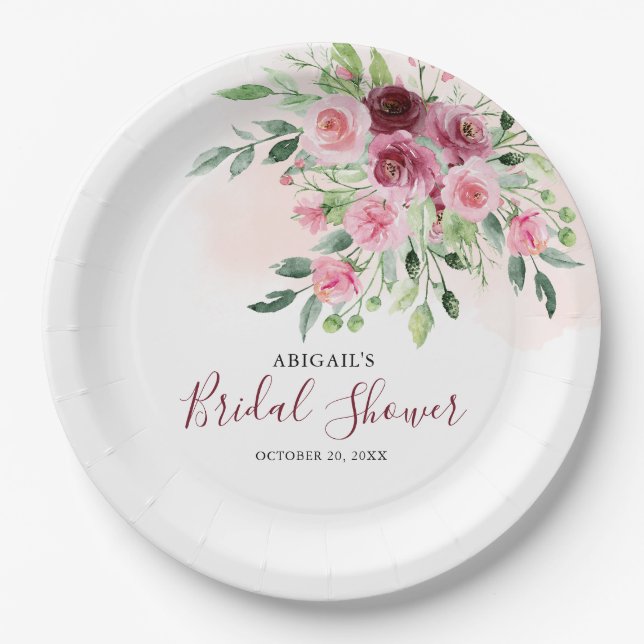 Burgundy Floral Brautparty Pappteller (Vorderseite)