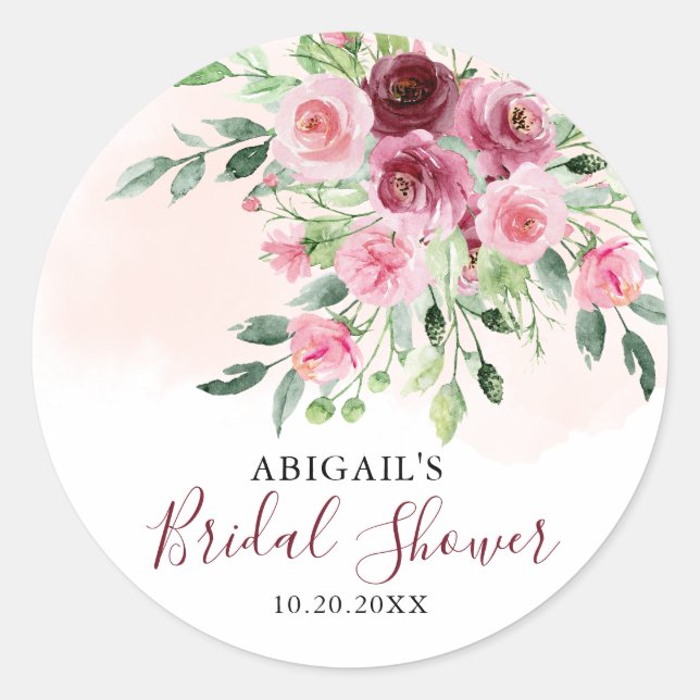 Burgundy Floral Brautparty Runder Aufkleber (Vorderseite)