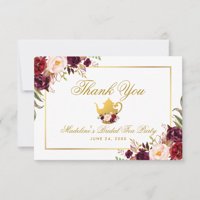 Burgundy Floral Brautparty Tee Party Danke Einladung (Vorderseite)