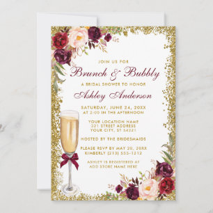 Burgundy Floral Bridal Brunch Bubbly Gold Glitzer Einladung