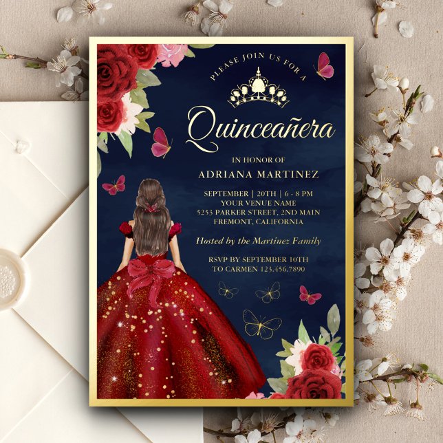 Burgundy Floral Butterfly Navy Quinceanera Gold Folieneinladung (Von Creator hochgeladen)