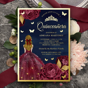 Burgundy Floral Butterfly Navy Quinceanera Gold Folieneinladung