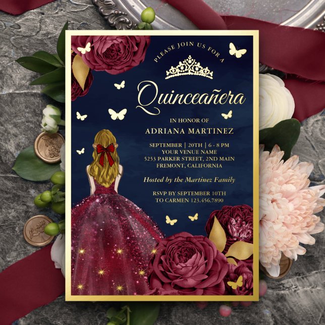 Burgundy Floral Butterfly Navy Quinceanera Gold Folieneinladung (Von Creator hochgeladen)