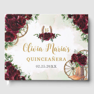 Burgundy Floral Charro Cowboy Boots Quinceanera Gästebuch