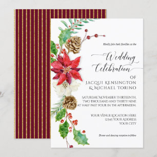 Burgundy Floral Christmas Gold Winter Holly Berry Einladung