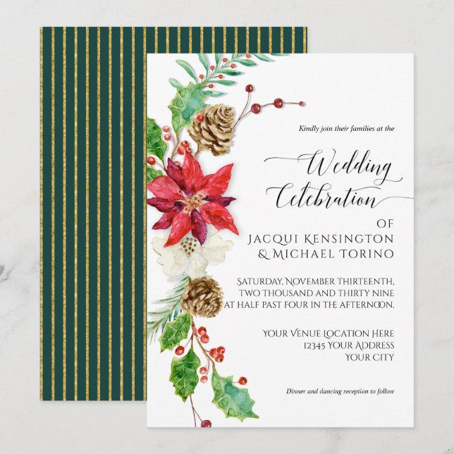 Burgundy Floral Christmas Green Gold Holly Wedding Einladung (Vorne/Hinten)
