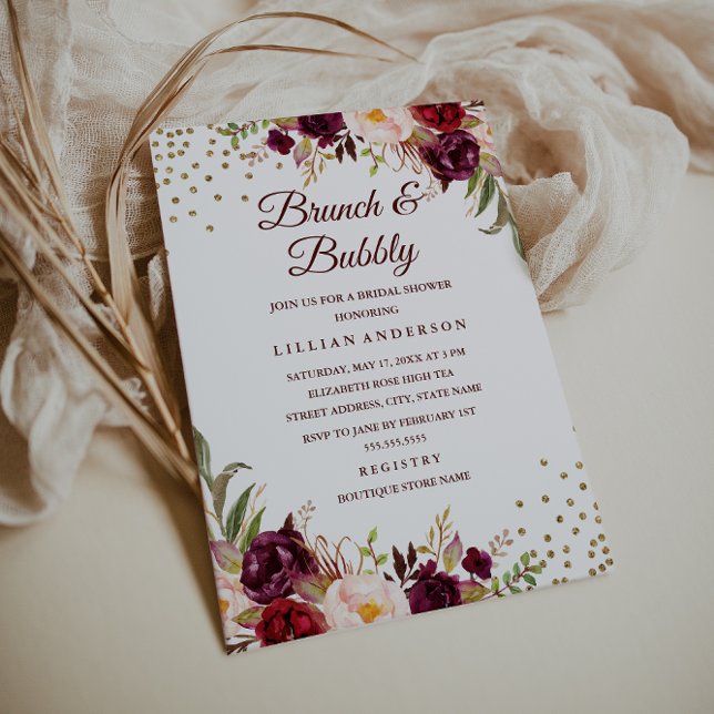 Burgundy Floral Confetti Brunch und Bubbly Dusche Einladung (Von Creator hochgeladen)