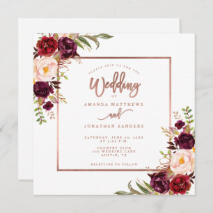 Burgundy Floral Copper Rose Gold Script Hochzeit Einladung