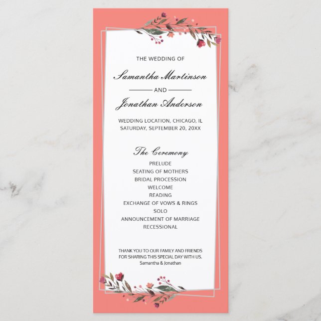 Burgundy Floral Coral | Gray Geometric Wedding Programm (Vorderseite)